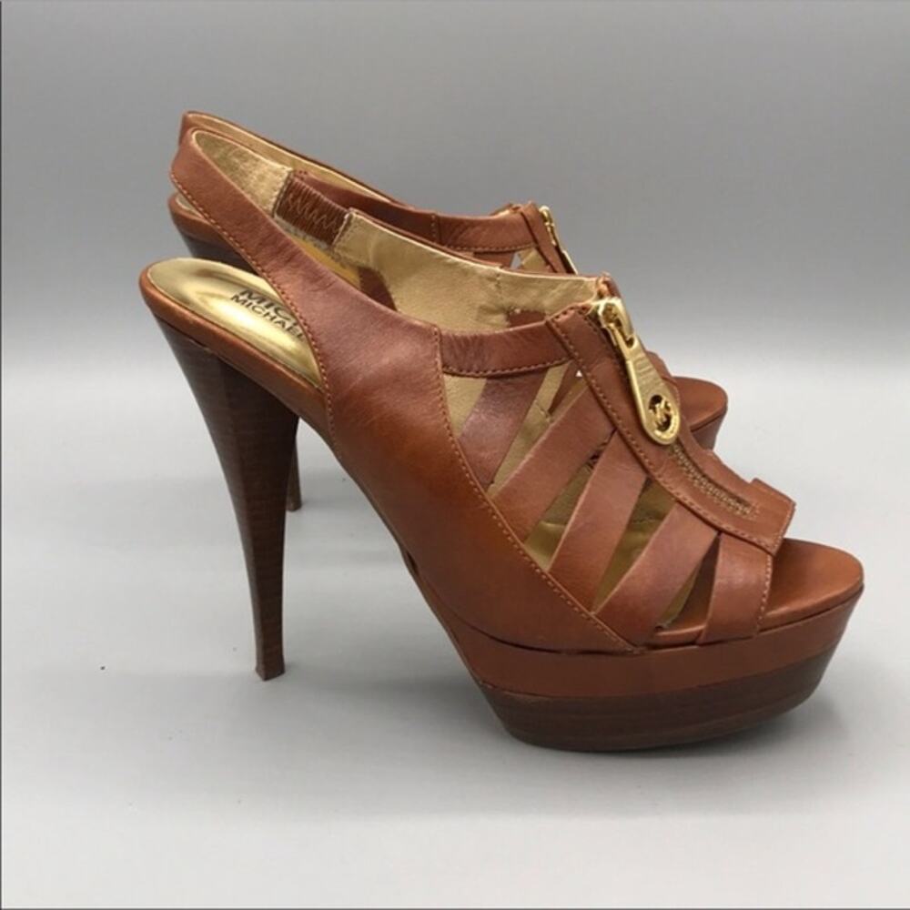 Michael Kors Camel Leather Caged Heels Size 8.5 Zipper Front Sandals